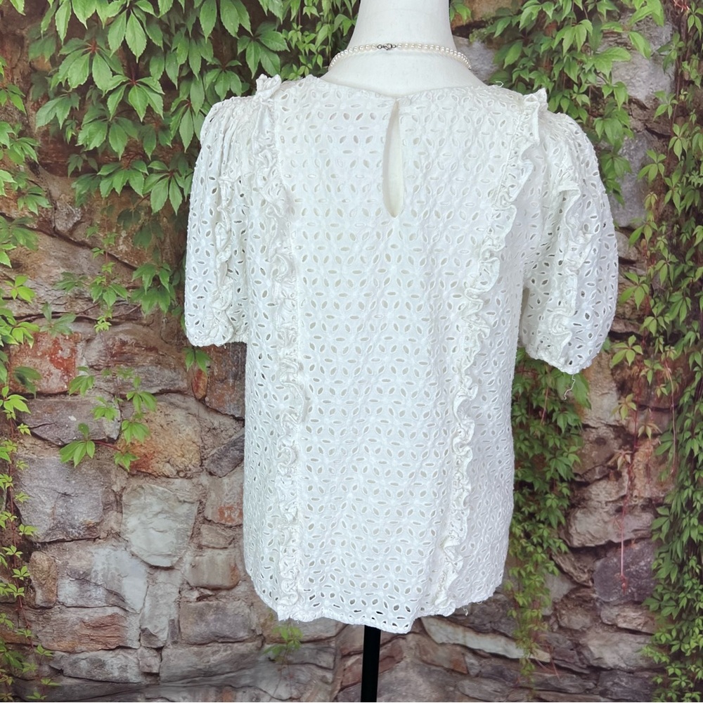 RACHEL PARCELL Cottagecore White Eyelet Ruffle Accent Puff Sleeve Summe Blouse M - Picture 6 of 10